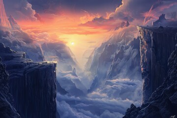 Majestic mountain landscape with clouds and flying creatures at sunset