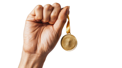 Hand holding golden medal 1st on transparent background