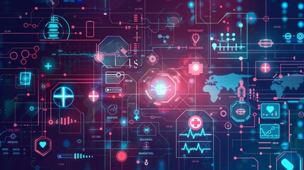 Obraz premium Futuristic digital healthcare interface with neon colors and intricate data visualizations.