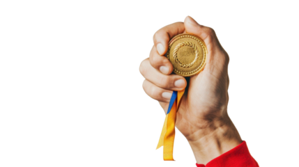 Hand holding golden medal 1st on transparent background