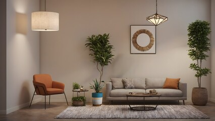 Obraz premium Modern living room interior design concept mock-up image, AI generated interior design template content image.
