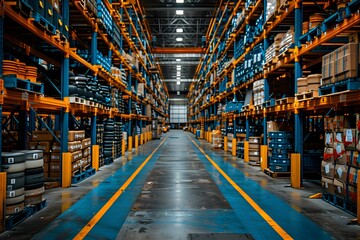 Modern Warehouse Interior with Organized Shelves and Industrial Equipment for Efficient Storage Solutions