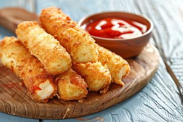 fried mozzarella sticks and lettuce ,cheese ball and ketchup