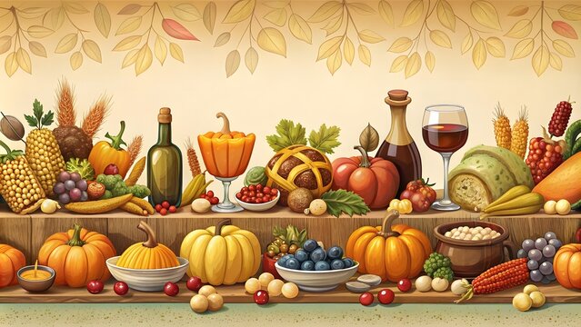 Thanks giving seamless autumn food roast turkey corn wine pumpkin family dinner greeting card repeating pattern design. Harvest festival. Fall party invitation banner. Happy Thanksgiving.