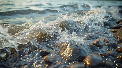 Waves Crashing on Rocky Shore During Golden Hour