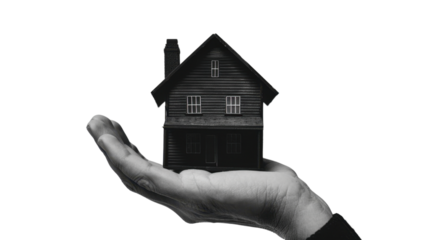 Hand holding a model house on transparent background