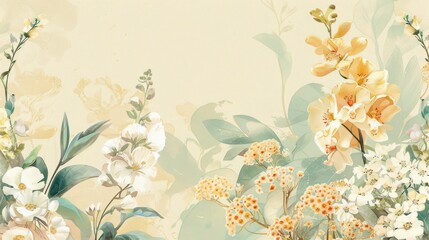Chamomile, mint silk orchids, silk hydrangea wedding invitation, light color