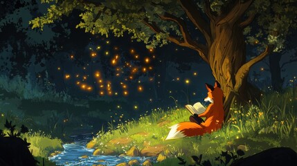 A cozy woodland scene featuring a friendly fox reading a book under a tree, with a gentle stream...