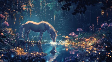 A fantasy forest scene with a unicorn drinking from a sparkling pond, surrounded by enchanted...