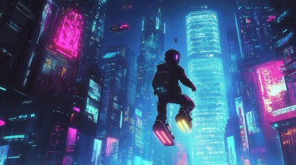 A futuristic cityscape with towering skyscrapers and flying cars, featuring a young girl with neon-lit hoverboard gliding through the air, in a sleek, cyberpunk cartoon style, on a black background 