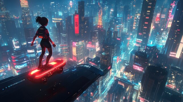 A futuristic cityscape with towering skyscrapers and flying cars, featuring a young girl with neon-lit hoverboard gliding through the air, in a sleek, cyberpunk cartoon style, on a black background 