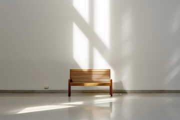 Fototapeta premium Wooden Bench With Sunbeams Inside A White Room