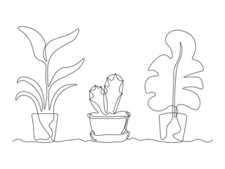 abstract set of potted flowers, potted plants, houseplants.  continuous single line art drawing sketch, logo