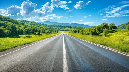 Fototapeta premium An open road stretching through a lush green landscape under a blue sky