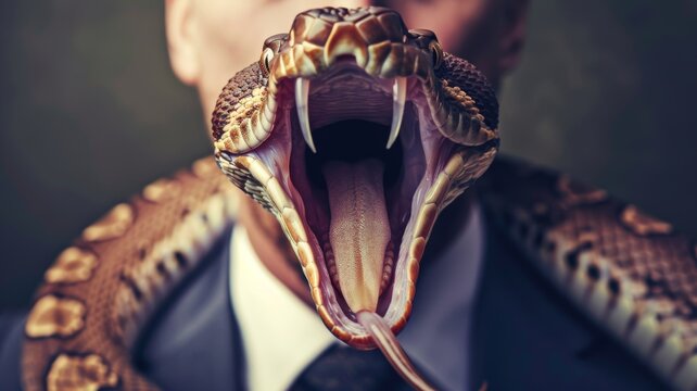 Businessman with split snakelike tongue, government corporate deceiving. Corruption and deceit hunger for money and shareholder profit. Evil industrial practices. Snake in the grass