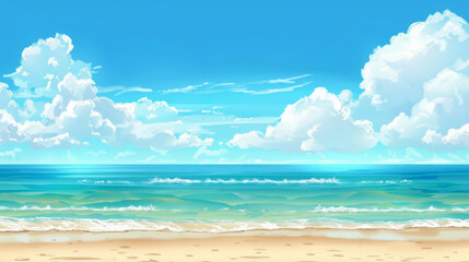 Fototapeta premium A tranquil beach scene with serene waves, soft sand, and vibrant blue sky adorned with fluffy white clouds.
