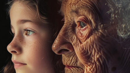 Close-up of a young girl and elderly woman facing opposite directions, highlighting contrast in age, experience, and the circle of life.