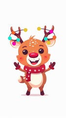 Naklejka premium Cute Reindeer with christmas festive lights antlers, a simple flat vector illustration, on a white background. reindeer wearing a santa hat. Cartoon of a deer