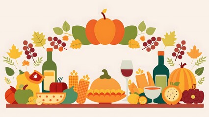 Thanks giving seamless autumn food roast turkey corn wine pumpkin family dinner greeting card repeating pattern design. Harvest festival. Fall party invitation banner. Happy Thanksgiving.