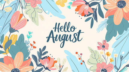 illustration with "Hello August" text, adorned with pastel flowers and greenery