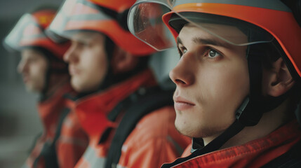 Firefighters in helmets and safety gear, standing together, facing forward with determination in their eyes.