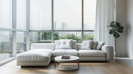 Fototapeta premium Minimalist living room with a spacious white sofa and round coffee table, surrounded by large panoramic windows offering a spectacular cityscape view.
