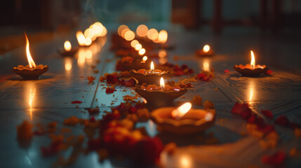 A dimly lit row of oil lamps, adorned with rose petals, creates a serene and spiritual ambiance, ideal for reflection or ceremonial purposes.