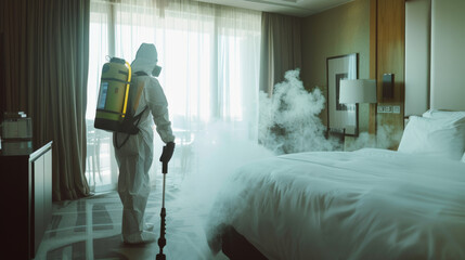 A worker in protective gear disinfects a modern hotel room, with steam swirling around a pristine bed, ensuring cleanliness and safety.