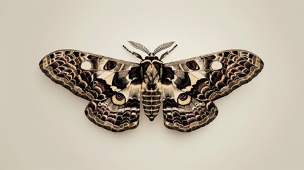 Fototapeta premium Intricate moth design with complex patterns, isolated on a plain background, featuring a large area for copy text placement