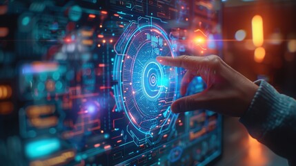 A hand interacts with a high-tech digital interface displaying vibrant holographic data visuals, representing advanced technology and innovation.
