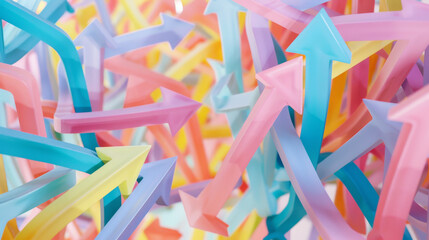 A vibrant, chaotic mix of pastel-colored arrows generates a sense of dynamic movement and playful complexity.