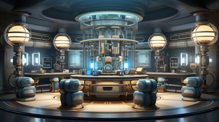 Fototapeta premium Sci-fi laboratory with glowing test tubes and robotic arms