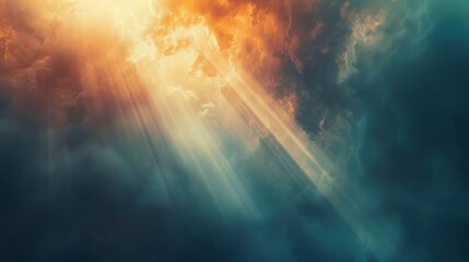 Fototapeta premium A dramatic sky showcases sun rays piercing through the clouds, creating a stunning atmospheric aura.