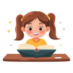 little girl sitting at the table reading a book School isolated on white background in cartoon style.