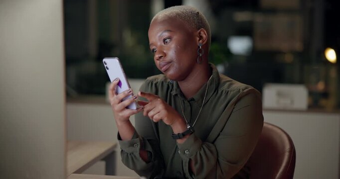 Phone, tired and black woman scroll in office at night, bored and exhausted with deadline. Sad, fatigue and lazy worker on mobile or reading news on social media on break for working late in business