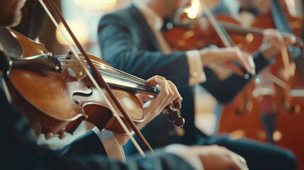 A close-up shot of skilled violinists in tuxedos passionately playing during a classical music concert, the light catching the sheen of the wood and strings.