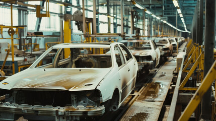 Unfinished car bodies on an assembly line in a vast factory floor, illustrating the scale and intricacies of auto manufacturing.