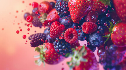 A dynamically captured array of fresh berries, including strawberries, blackberries, and blueberries, suspended mid-motion with water droplets.