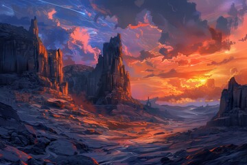 Fototapeta premium Alien planet landscape with rock formations under a vibrant setting sun