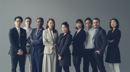 A diverse group of professionally dressed individuals stands confidently, exuding a sense of teamwork, unity, and corporate professionalism.