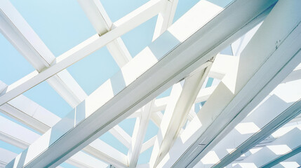 Naklejka premium Sunlight streams through modern architectural beams, casting intricate shadows and creating a geometric dance of light and shadows.