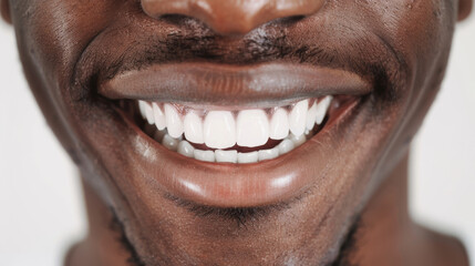 Fototapeta premium A close-up of a man's smile showcasing perfect white teeth and a hint of facial hair, radiating warmth and confidence.