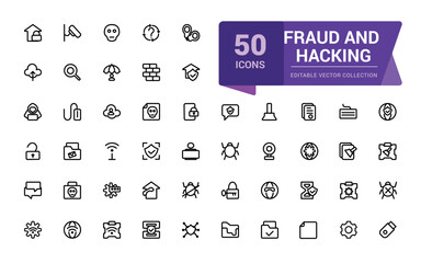 Fraud and Hacking line icon set. Contains linear outline icons as Virus, Fraud, Threat, Theft, Hacker, Criminal, Thief. Editable vector stroke for web and ui.