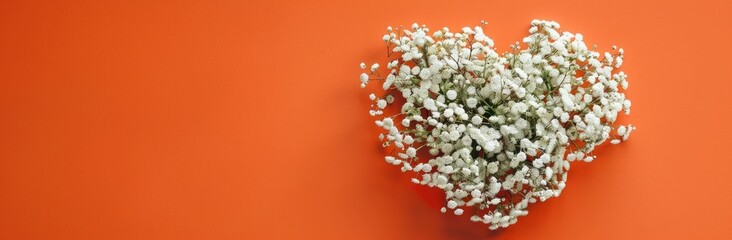 Delicate white flowers arranged in a heart shape on a vibrant orange background
