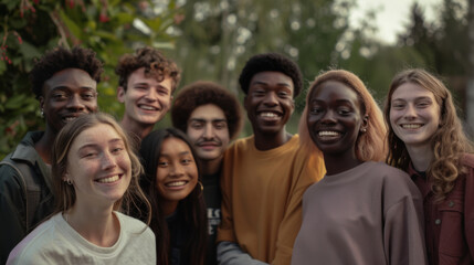 Fototapeta premium A group of joyful friends, diverse in appearance, smile radiantly at the camera, enjoying outdoor time with lush greenery in the background.