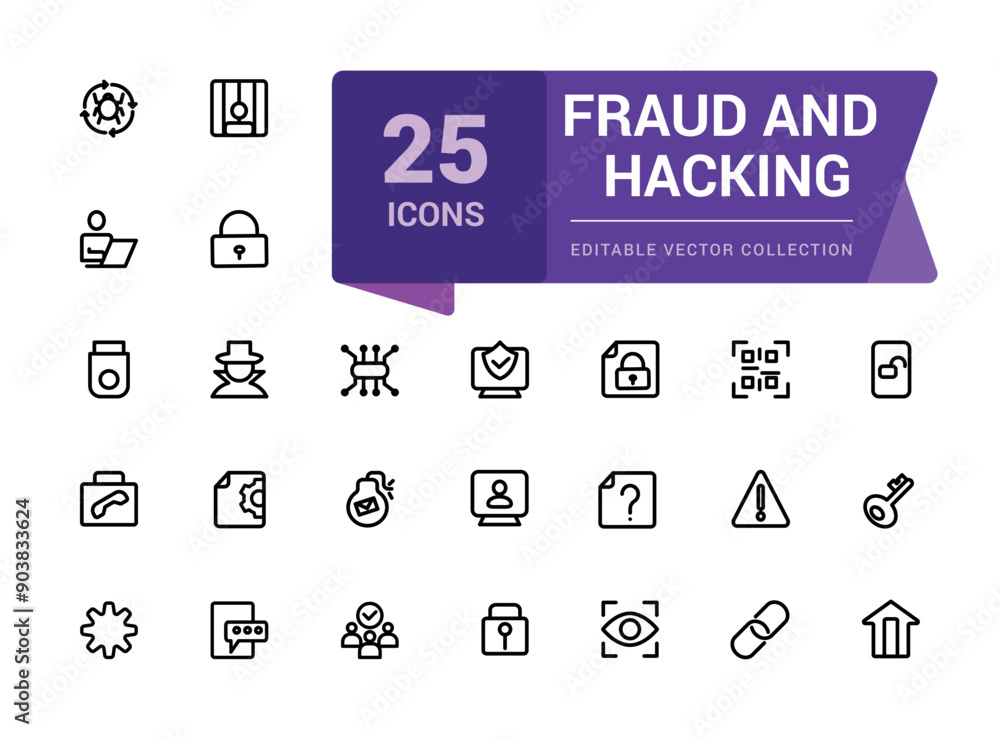 Poster fraud and hacking line icon set. contains linear outline icons as virus, fraud, threat, theft, hacke