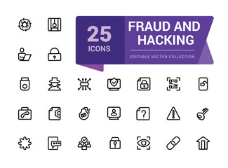 Fraud and Hacking line icon set. Contains linear outline icons as Virus, Fraud, Threat, Theft, Hacker, Criminal, Thief. Editable vector stroke for web and ui.