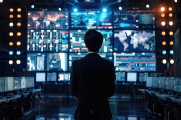 Obraz premium A news reporter stands in front of a large screen displaying breaking news graphics. The studio is designed with a sleek, modern aesthetic, featuring bright lights and advanced technology. The