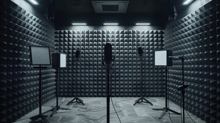 A professional recording studio with soundproofed walls, multiple microphones, and equipment stands under dim lighting, ready for audio production.