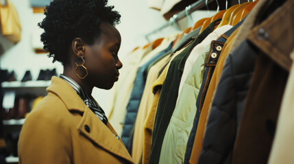 Fototapeta premium A woman in a tan coat examines a row of hanging jackets in a cozy clothing store, pondering her choices.